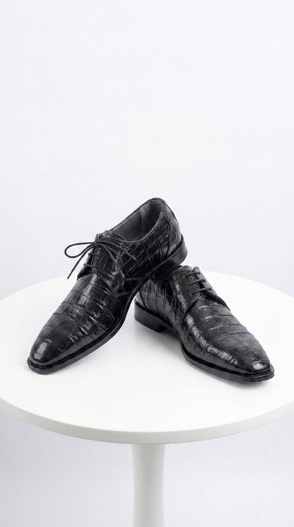 Men’s Los Altos Black Genuine Crocodile Belly Shoes, All-Over Exotic Lace-Up Dress Shoes