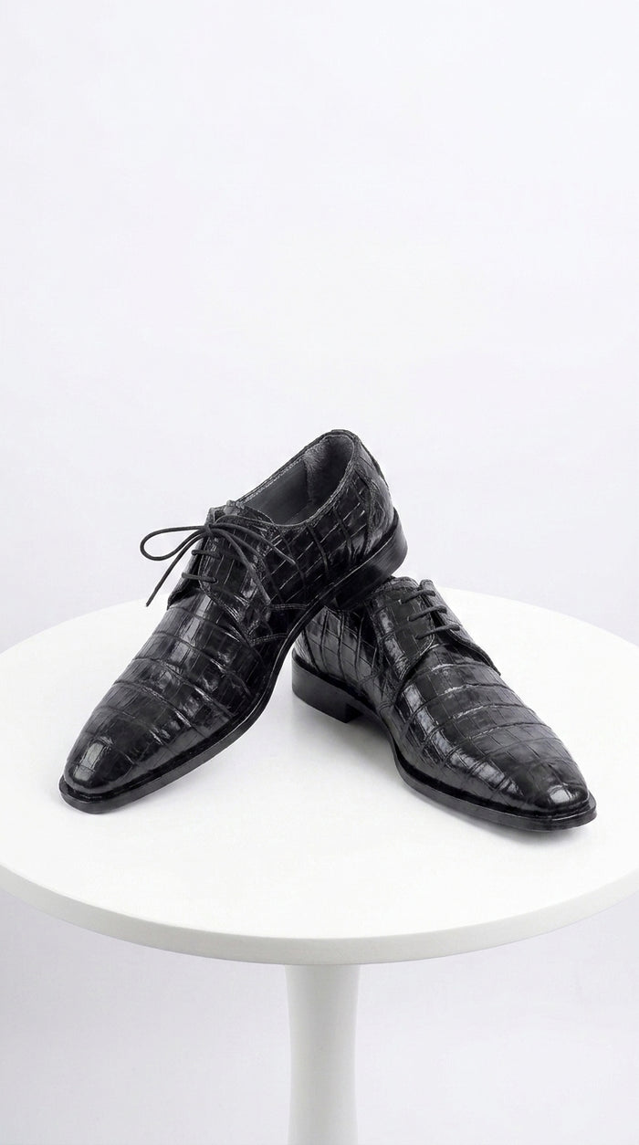 Men’s Los Altos Black Genuine Crocodile Belly Shoes, All-Over Exotic Lace-Up Dress Shoes