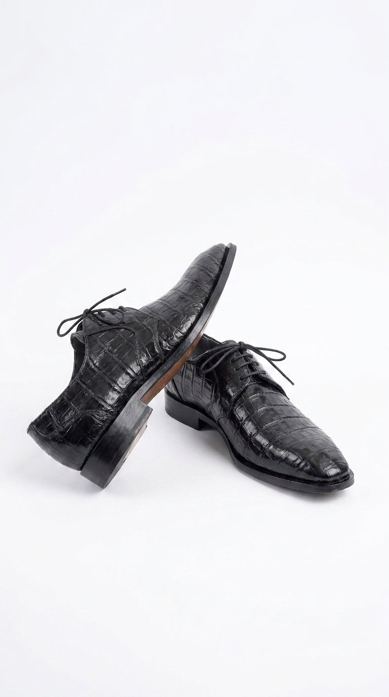 Men’s Los Altos Black Genuine Crocodile Belly Shoes, All-Over Exotic Lace-Up Dress Shoes
