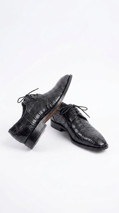 Men’s Los Altos Black Genuine Crocodile Belly Shoes, All-Over Exotic Lace-Up Dress Shoes