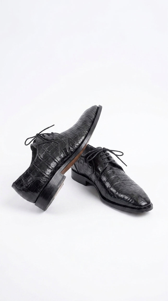 Men’s Los Altos Black Genuine Crocodile Belly Shoes, All-Over Exotic Lace-Up Dress Shoes