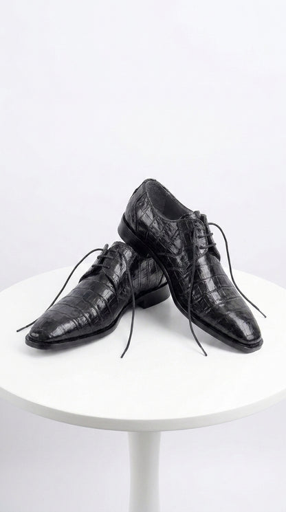 Men’s Los Altos Black Genuine Crocodile Belly Shoes, All-Over Exotic Lace-Up Dress Shoes