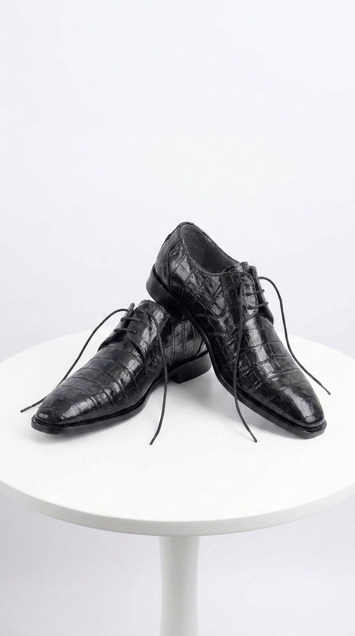 Men’s Los Altos Black Genuine Crocodile Belly Shoes, All-Over Exotic Lace-Up Dress Shoes