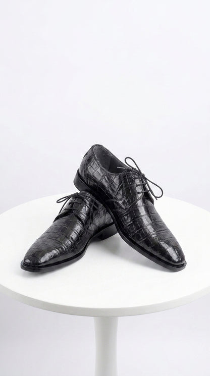 Men’s Los Altos Black Genuine Crocodile Belly Shoes, All-Over Exotic Lace-Up Dress Shoes