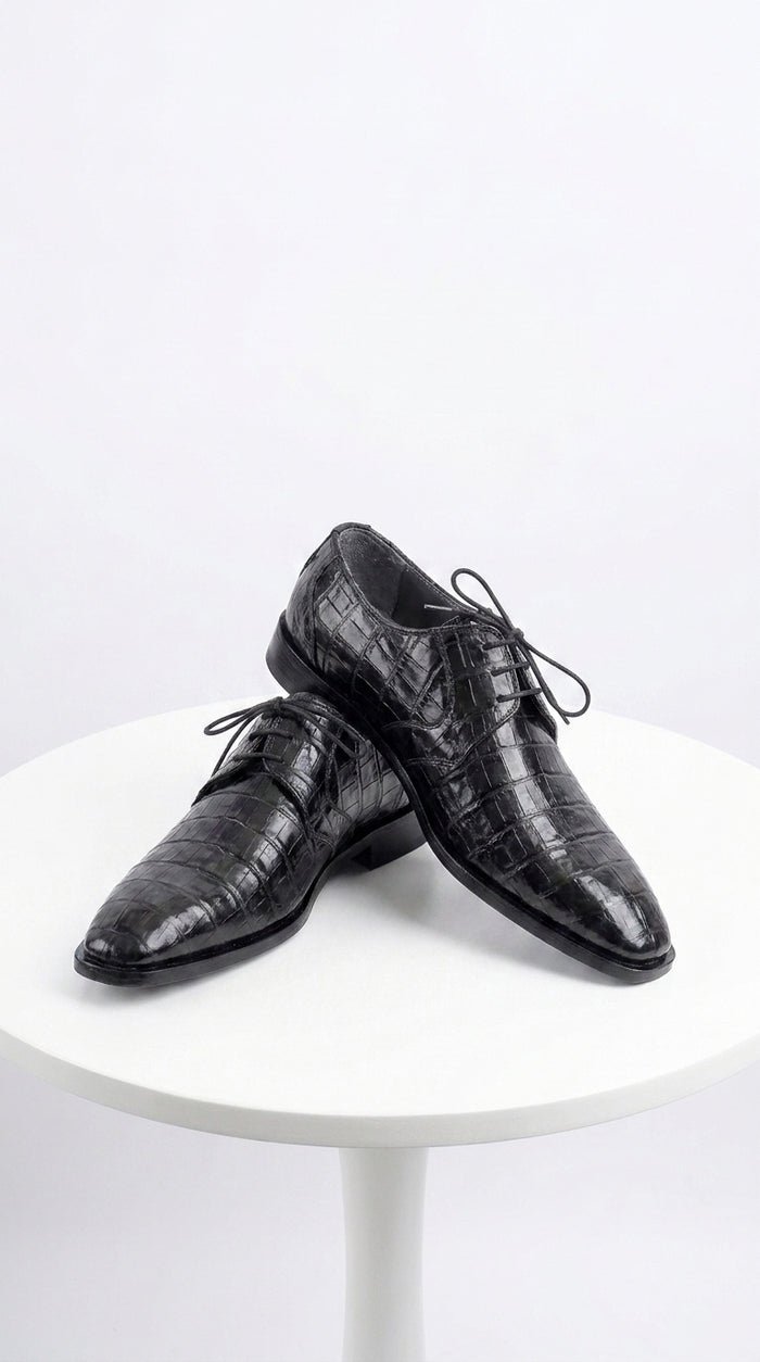 Men’s Los Altos Black Genuine Crocodile Belly Shoes, All-Over Exotic Lace-Up Dress Shoes
