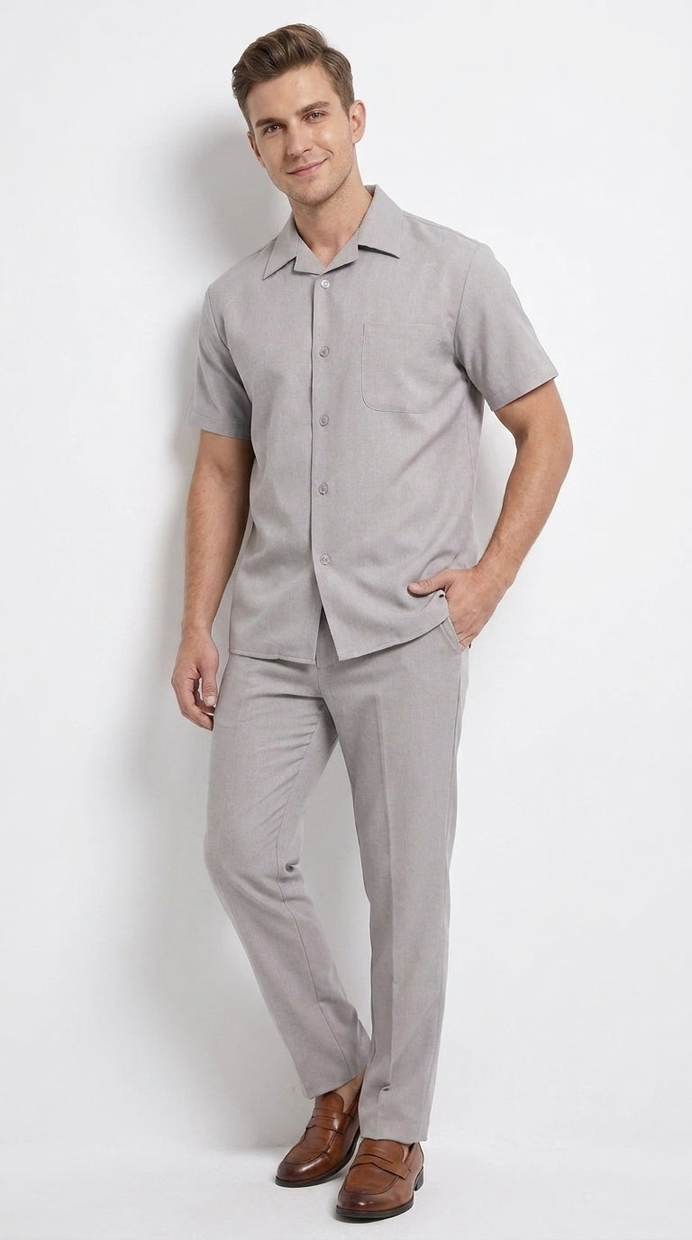 Men’s Light Grey 100% Linen Walking Suit, Short Sleeve Shirt and Pants Casual Leisure Set