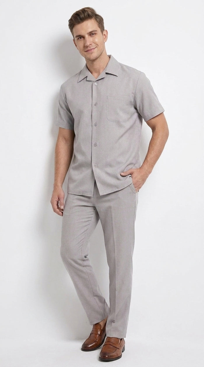 Men’s Light Grey 100% Linen Walking Suit, Short Sleeve Shirt and Pants Casual Leisure Set