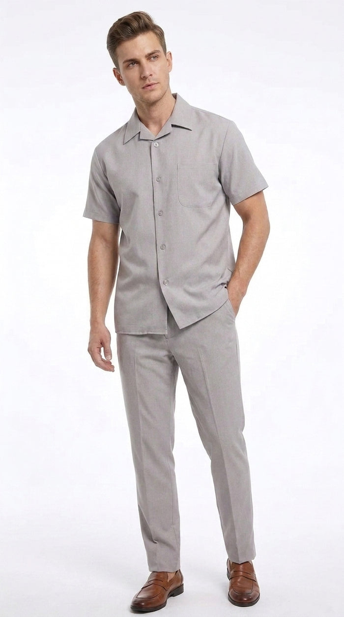 Men’s Light Grey 100% Linen Walking Suit, Short Sleeve Shirt and Pants Casual Leisure Set