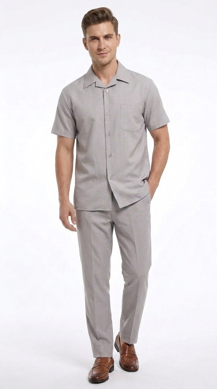 Men’s Light Grey 100% Linen Walking Suit, Short Sleeve Shirt and Pants Casual Leisure Set