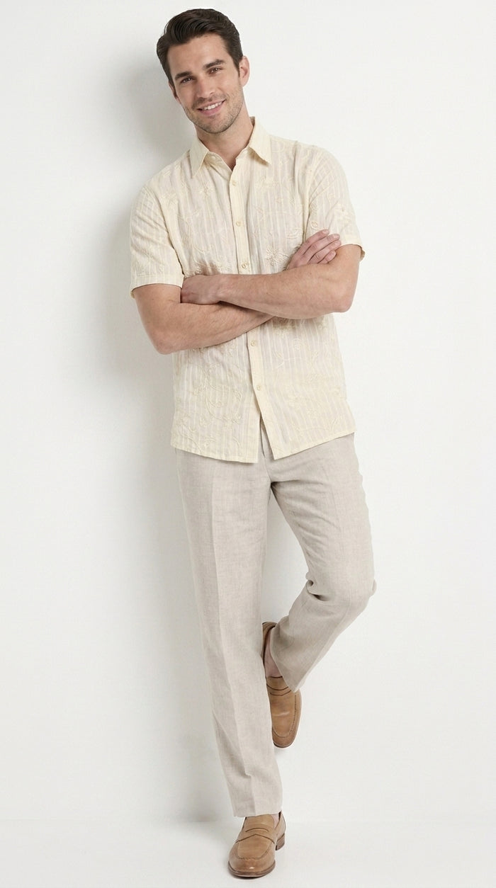 Men’s Cream Abstract Stripe Walking Suit Set, 2 Piece Short Sleeve Casual Summer Outfit