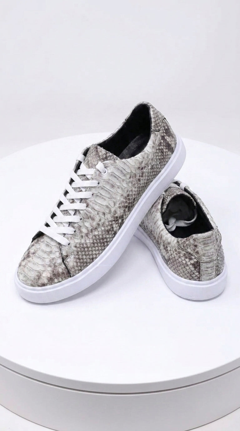 Men’s Natural Genuine Full Python Skin Sneakers, Exotic Lace-Up Casual Shoes