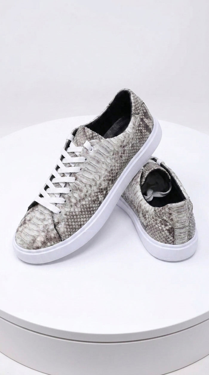 Men’s Natural Genuine Full Python Skin Sneakers, Exotic Lace-Up Casual Shoes