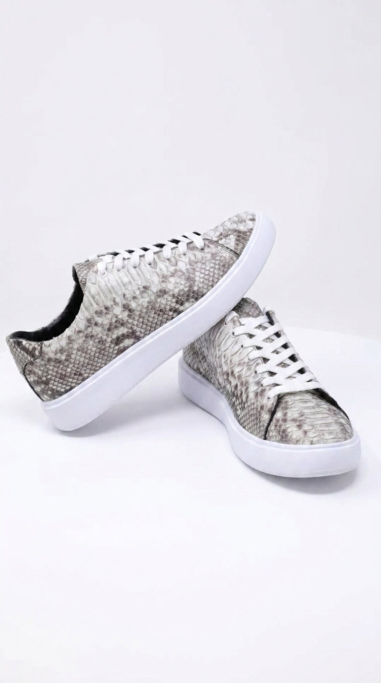 Men’s Natural Genuine Full Python Skin Sneakers, Exotic Lace-Up Casual Shoes
