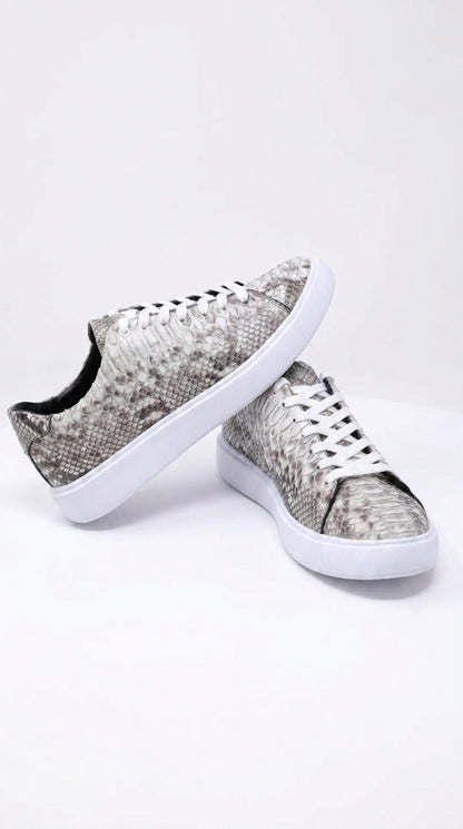 Men’s Natural Genuine Full Python Skin Sneakers, Exotic Lace-Up Casual Shoes