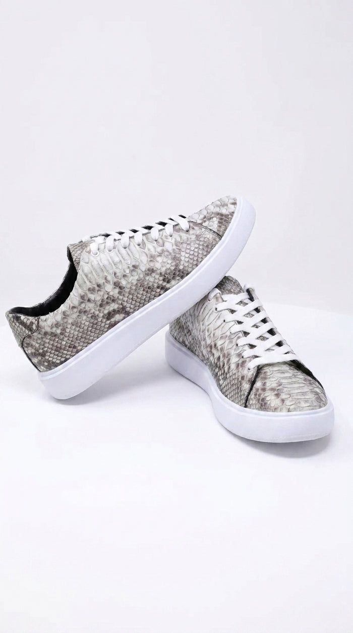 Men’s Natural Genuine Full Python Skin Sneakers, Exotic Lace-Up Casual Shoes