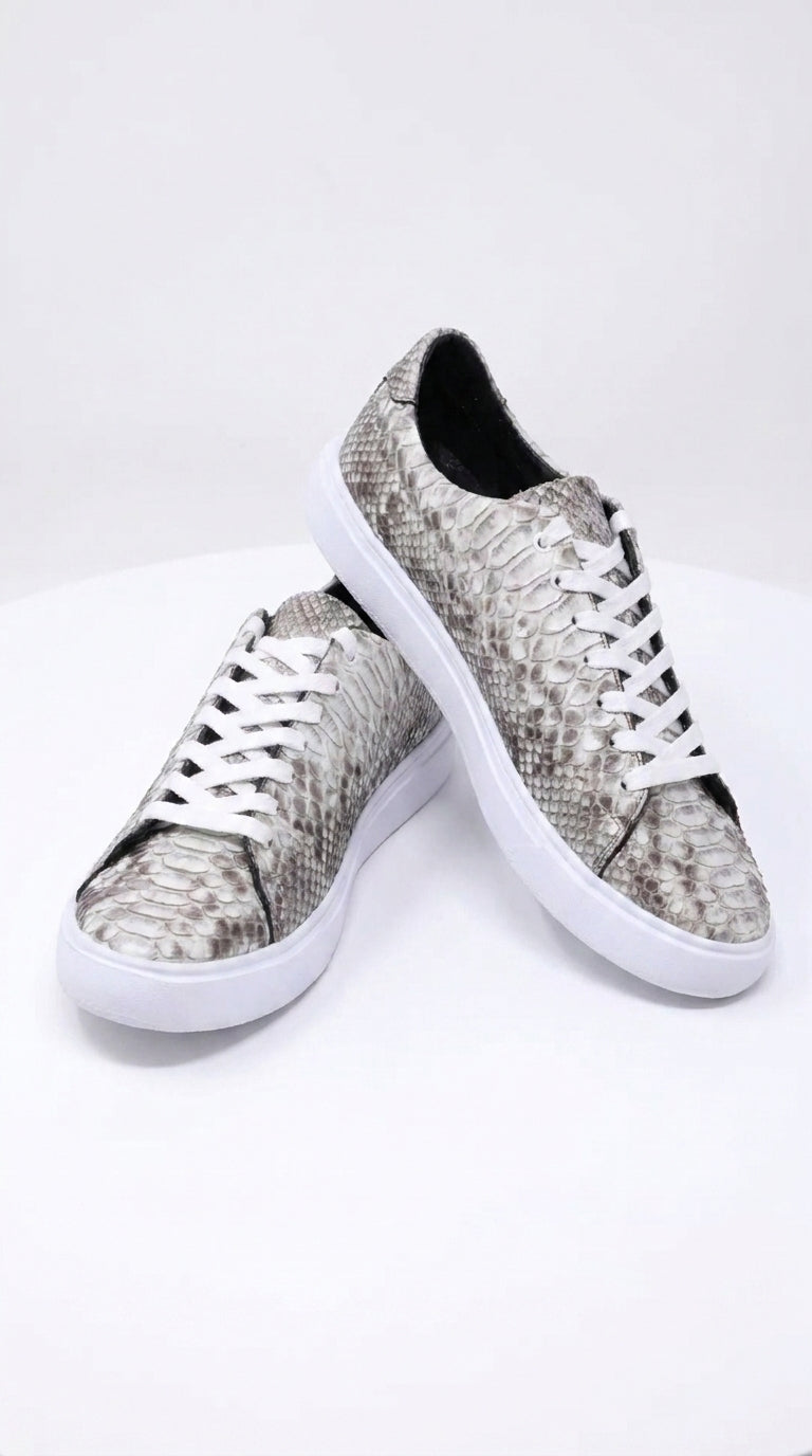 Men’s Natural Genuine Full Python Skin Sneakers, Exotic Lace-Up Casual Shoes