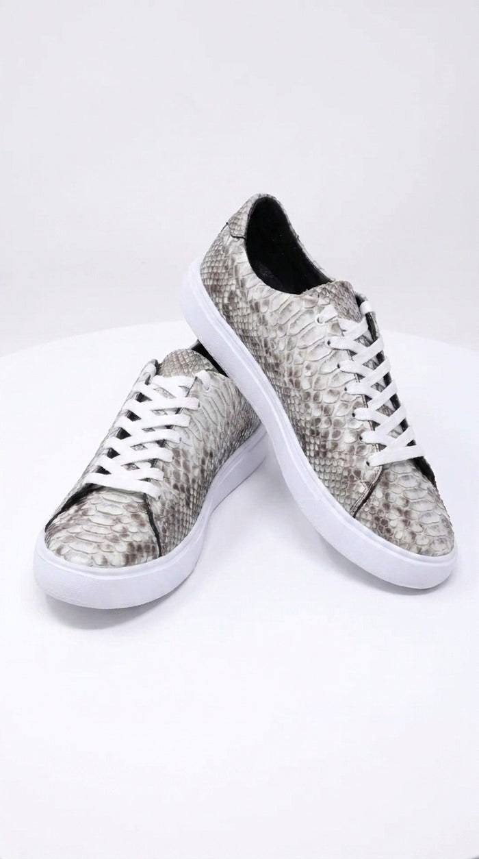 Men’s Natural Genuine Full Python Skin Sneakers, Exotic Lace-Up Casual Shoes