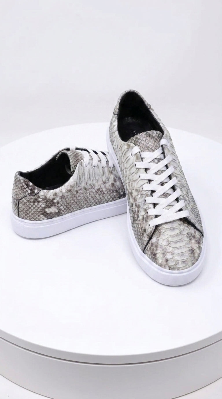 Men’s Natural Genuine Full Python Skin Sneakers, Exotic Lace-Up Casual Shoes