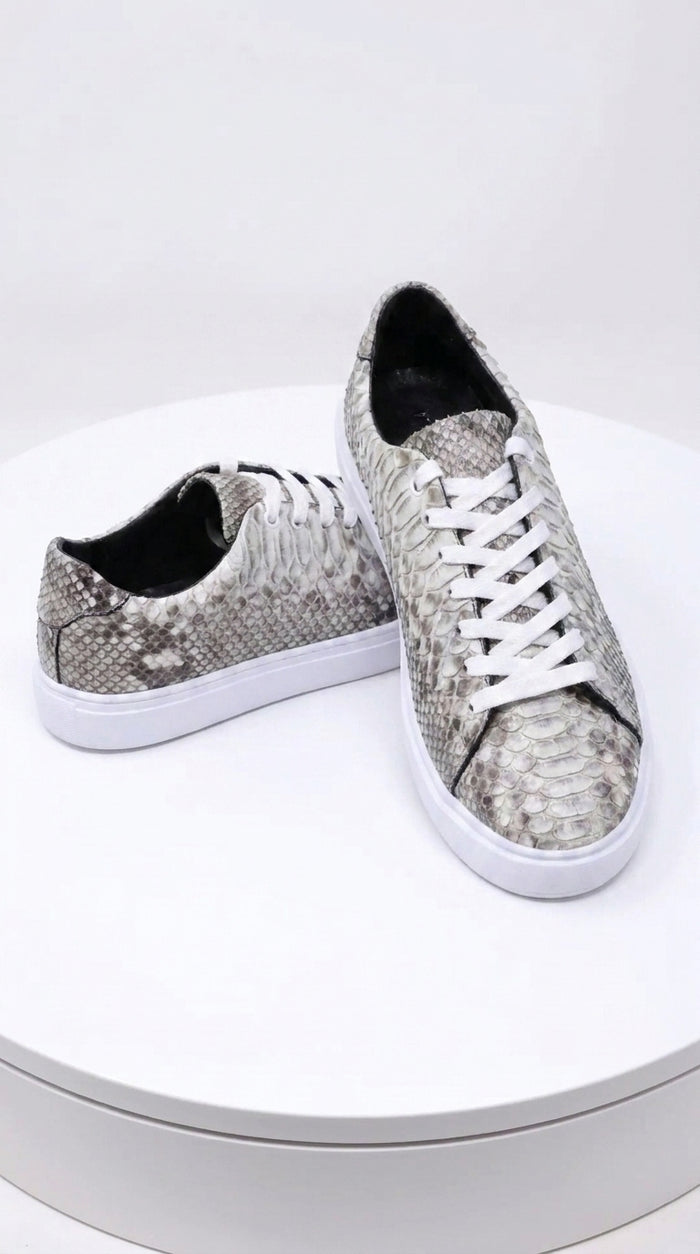 Men’s Natural Genuine Full Python Skin Sneakers, Exotic Lace-Up Casual Shoes