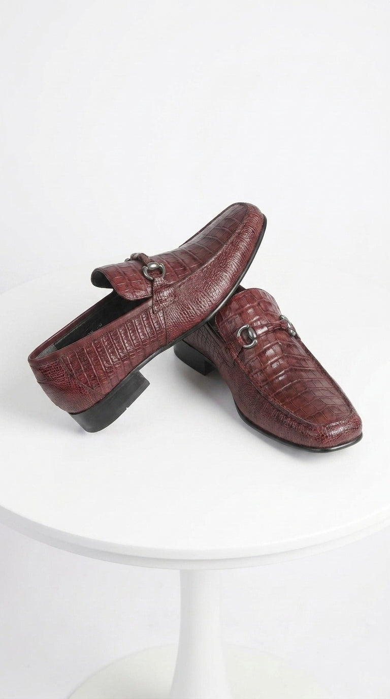 Los Altos Men’s Burgundy Crocodile Lizard Metal Bit Loafers, Exotic Dress Shoes
