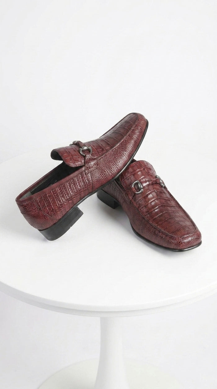Los Altos Men’s Burgundy Crocodile Lizard Metal Bit Loafers, Exotic Dress Shoes