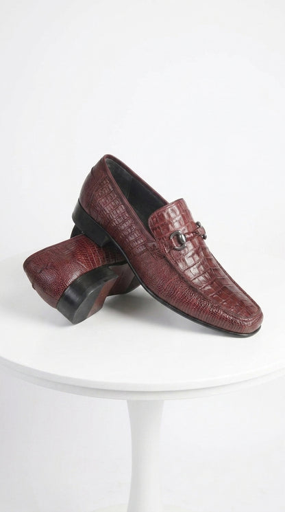 Los Altos Men’s Burgundy Crocodile Lizard Metal Bit Loafers, Exotic Dress Shoes