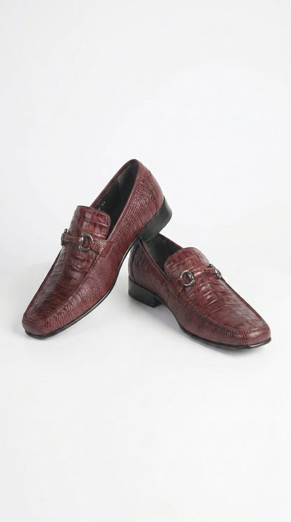 Los Altos Men’s Burgundy Crocodile Lizard Metal Bit Loafers, Exotic Dress Shoes