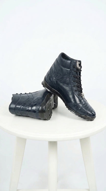 Los Altos Men’s Navy Genuine Ostrich Leg Casual Ankle Boots, Exotic Lace-Up Dress Boots