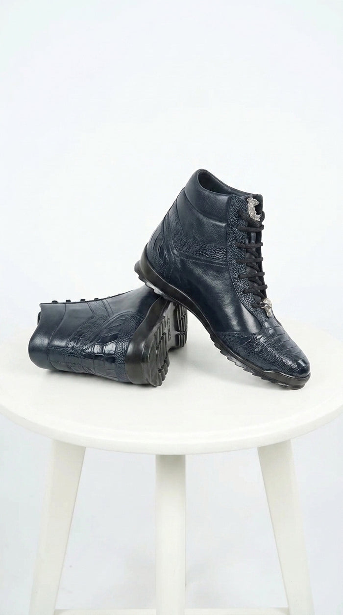 Los Altos Men’s Navy Genuine Ostrich Leg Casual Ankle Boots, Exotic Lace-Up Dress Boots