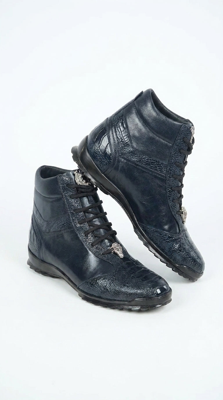 Los Altos Men’s Navy Genuine Ostrich Leg Casual Ankle Boots, Exotic Lace-Up Dress Boots