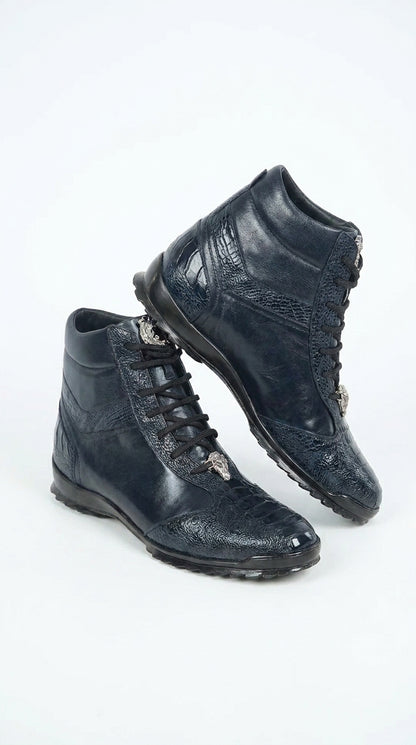 Los Altos Men’s Navy Genuine Ostrich Leg Casual Ankle Boots, Exotic Lace-Up Dress Boots