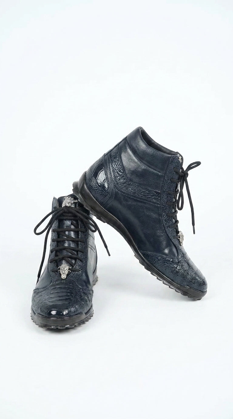 Los Altos Men’s Navy Genuine Ostrich Leg Casual Ankle Boots, Exotic Lace-Up Dress Boots