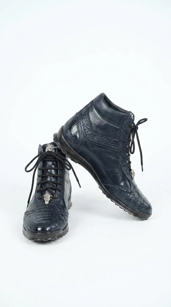 Los Altos Men’s Navy Genuine Ostrich Leg Casual Ankle Boots, Exotic Lace-Up Dress Boots
