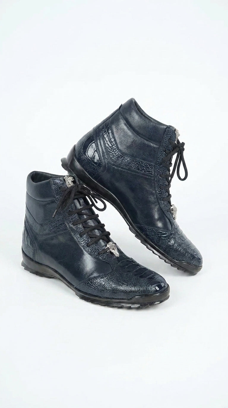 Los Altos Men’s Navy Genuine Ostrich Leg Casual Ankle Boots, Exotic Lace-Up Dress Boots