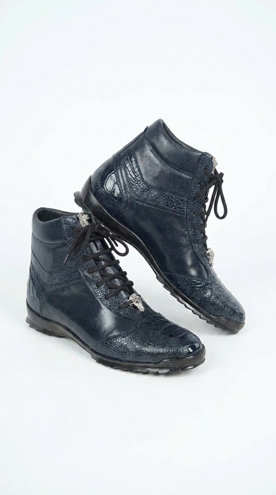 Los Altos Men’s Navy Genuine Ostrich Leg Casual Ankle Boots, Exotic Lace-Up Dress Boots