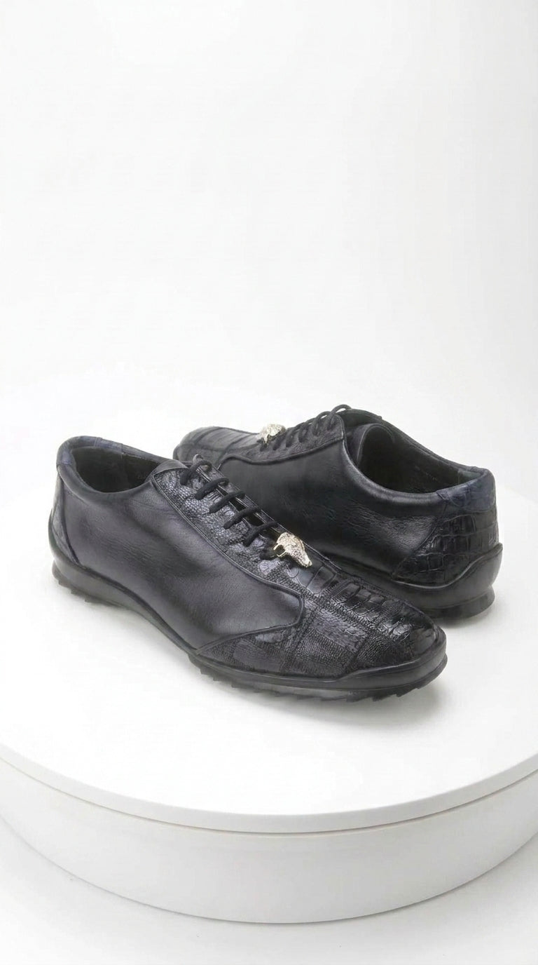 Los Altos Men’s Navy Genuine Ostrich Casual Sneakers, Exotic Lace-Up Dress Shoes