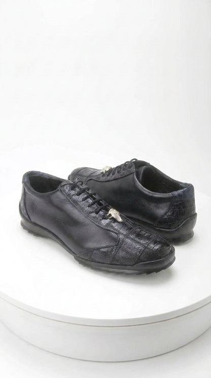 Los Altos Men’s Navy Genuine Ostrich Casual Sneakers, Exotic Lace-Up Dress Shoes