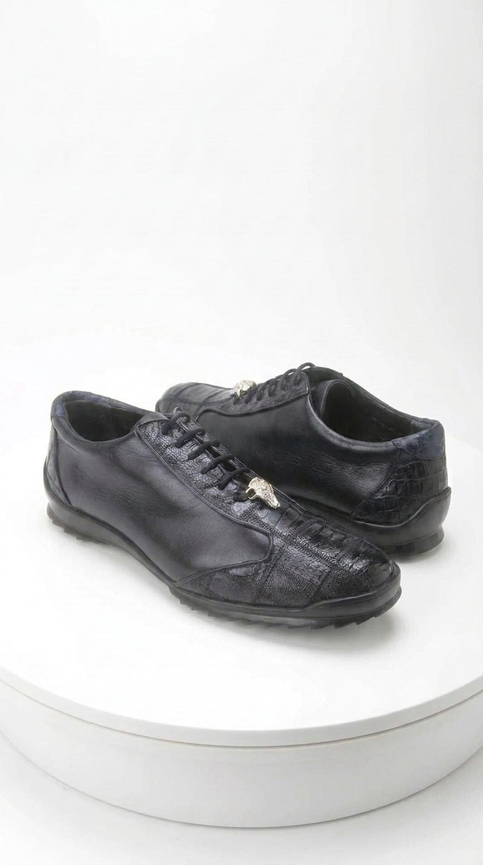 Los Altos Men’s Navy Genuine Ostrich Casual Sneakers, Exotic Lace-Up Dress Shoes