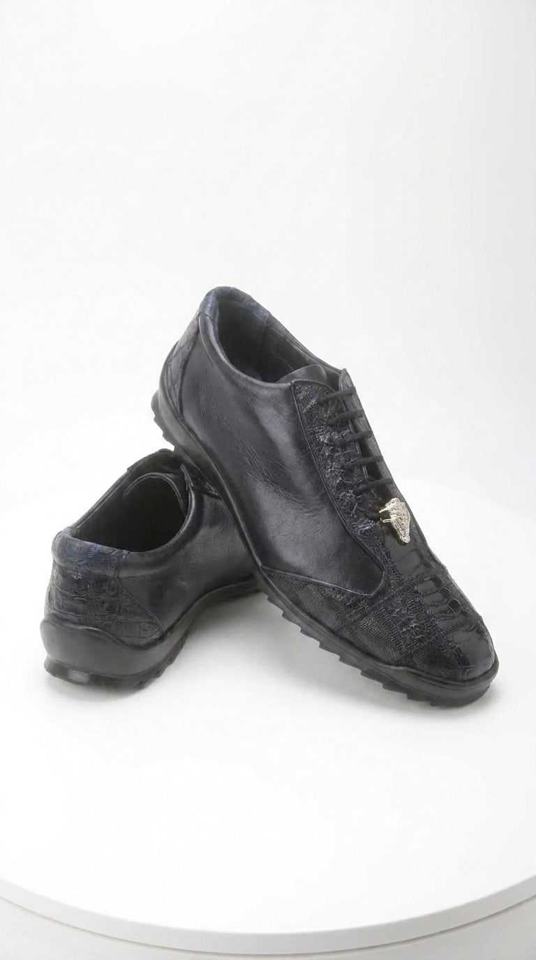 Los Altos Men’s Navy Genuine Ostrich Casual Sneakers, Exotic Lace-Up Dress Shoes