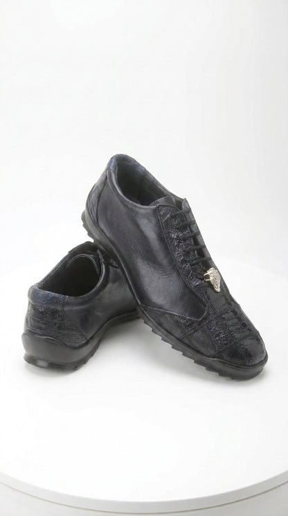Los Altos Men’s Navy Genuine Ostrich Casual Sneakers, Exotic Lace-Up Dress Shoes