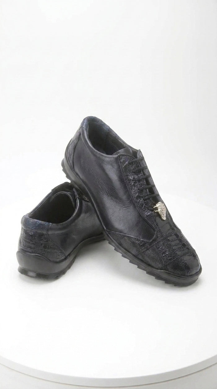 Los Altos Men’s Navy Genuine Ostrich Casual Sneakers, Exotic Lace-Up Dress Shoes
