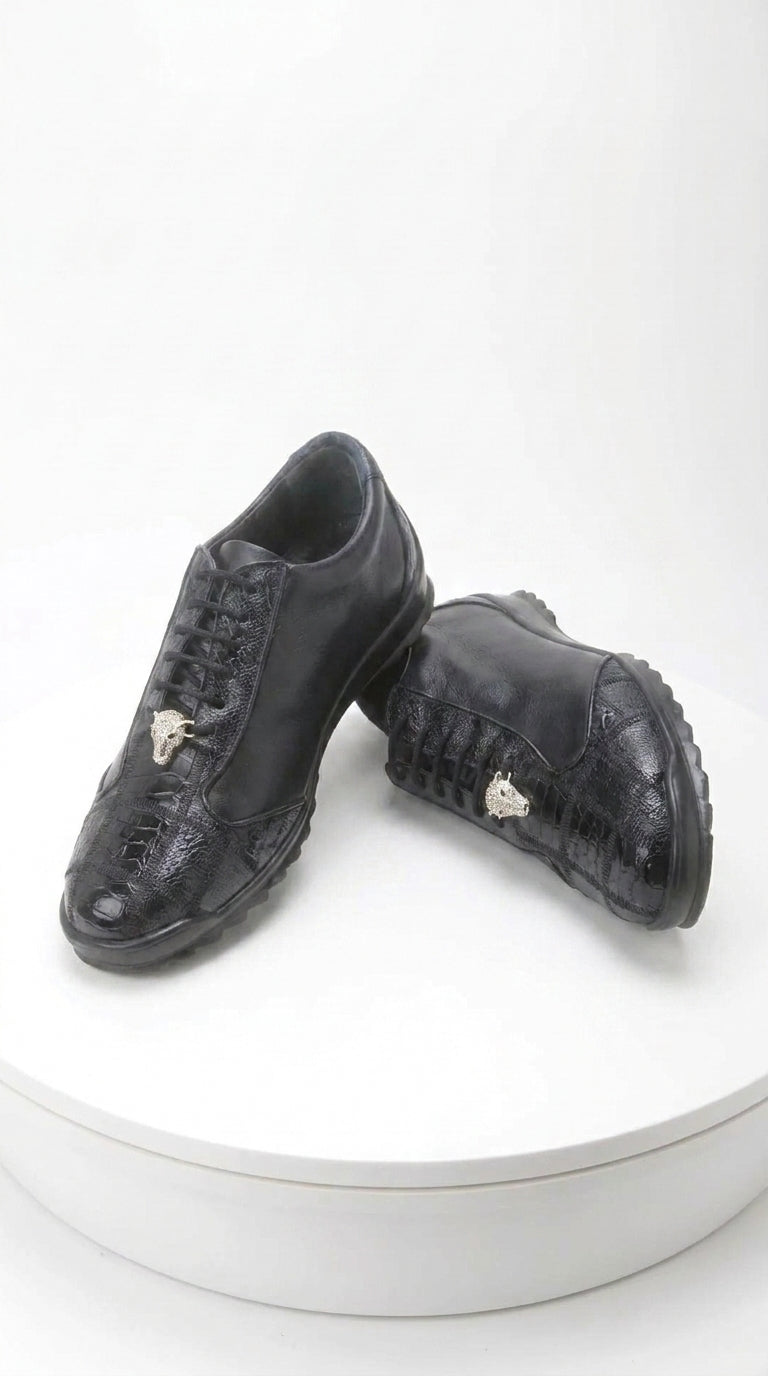 Los Altos Men’s Navy Genuine Ostrich Casual Sneakers, Exotic Lace-Up Dress Shoes