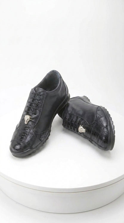 Los Altos Men’s Navy Genuine Ostrich Casual Sneakers, Exotic Lace-Up Dress Shoes