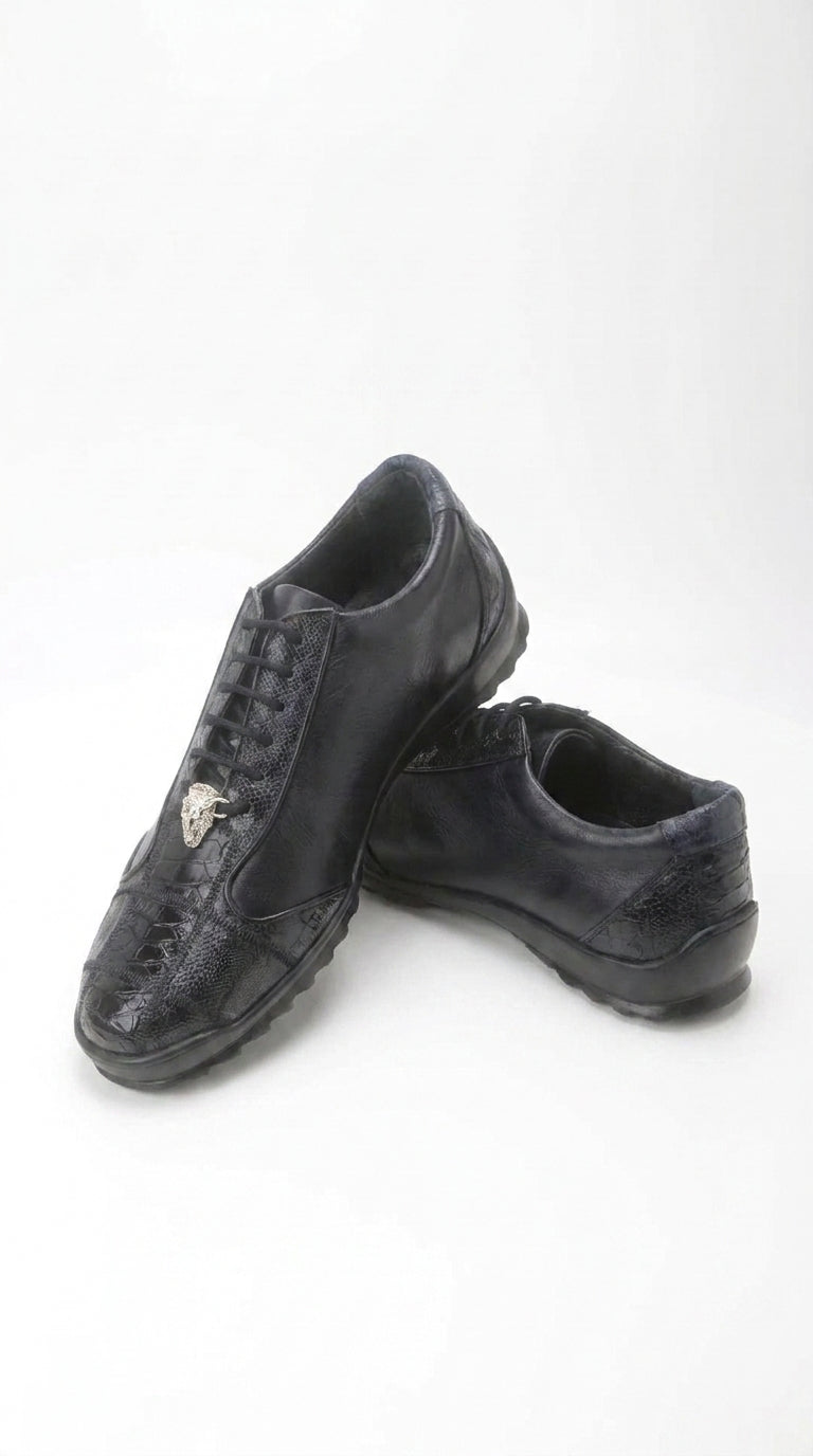 Los Altos Men’s Navy Genuine Ostrich Casual Sneakers, Exotic Lace-Up Dress Shoes