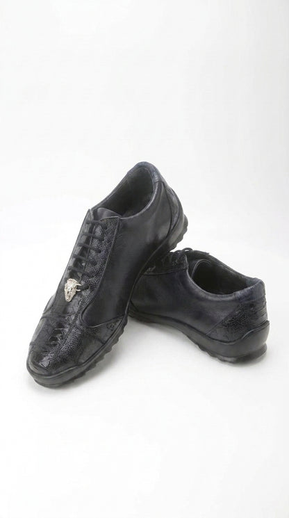 Los Altos Men’s Navy Genuine Ostrich Casual Sneakers, Exotic Lace-Up Dress Shoes