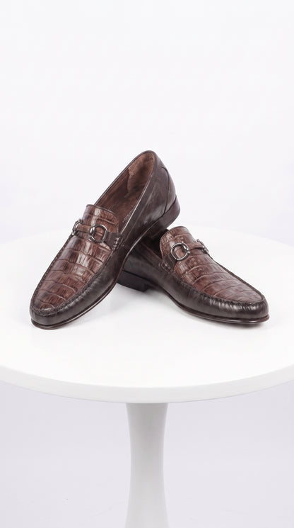 Lombardy Men’s Crocodile Calfskin Bit Loafers, Exotic Dress Casual Slip-On Shoes