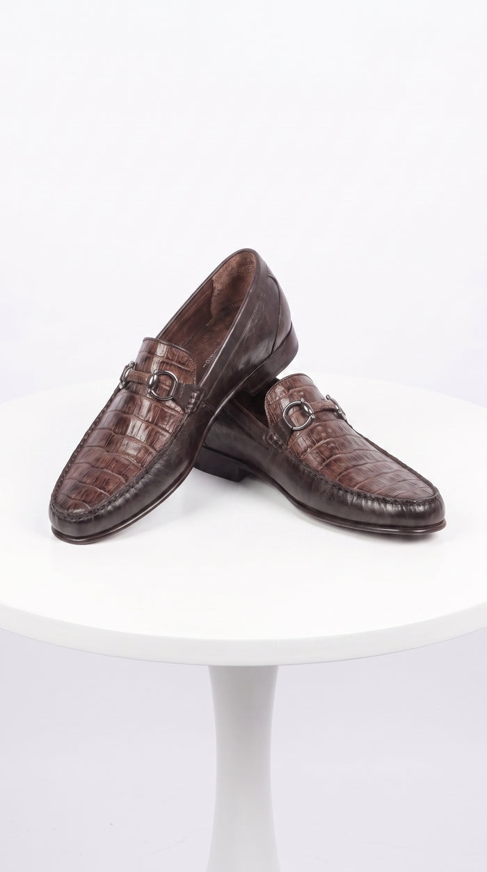 Lombardy Men’s Crocodile Calfskin Bit Loafers, Exotic Dress Casual Slip-On Shoes