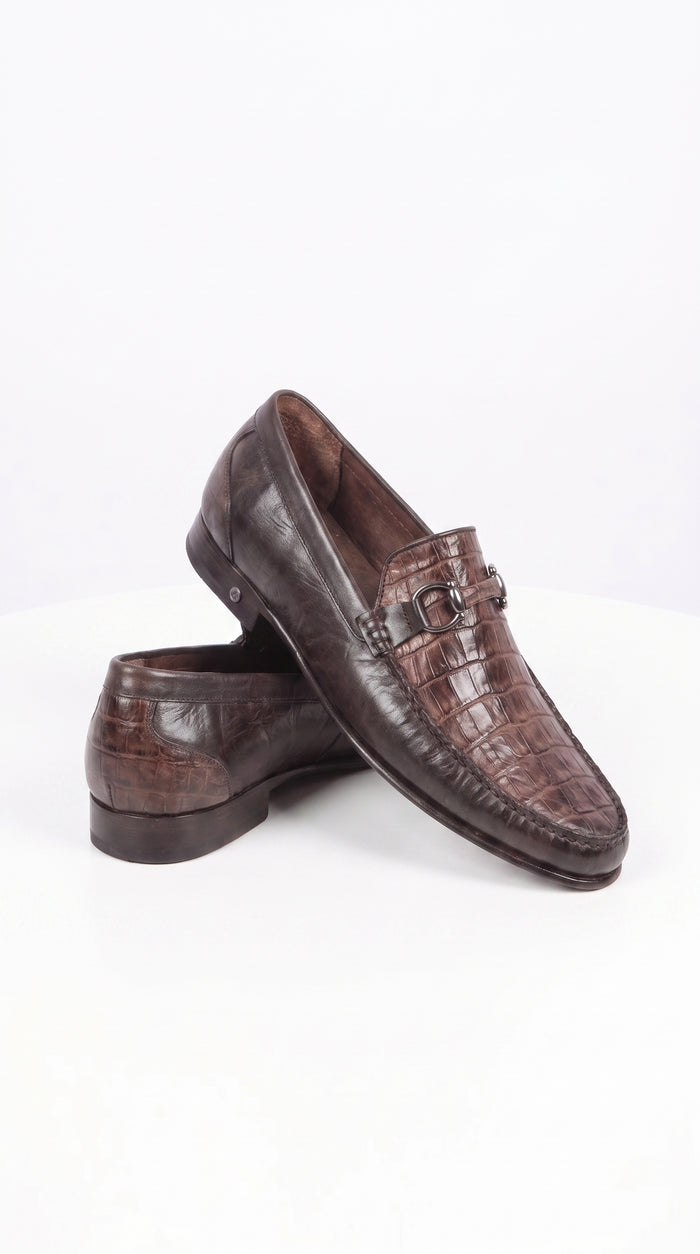 Lombardy Men’s Crocodile Calfskin Bit Loafers, Exotic Dress Casual Slip-On Shoes
