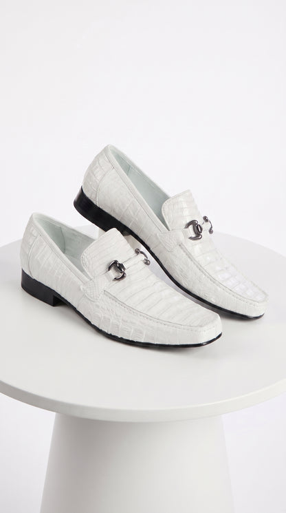 Men’s Los Altos White Caiman Belly Dress Shoes, Leather Sole Bit Loafers for Formal Wear