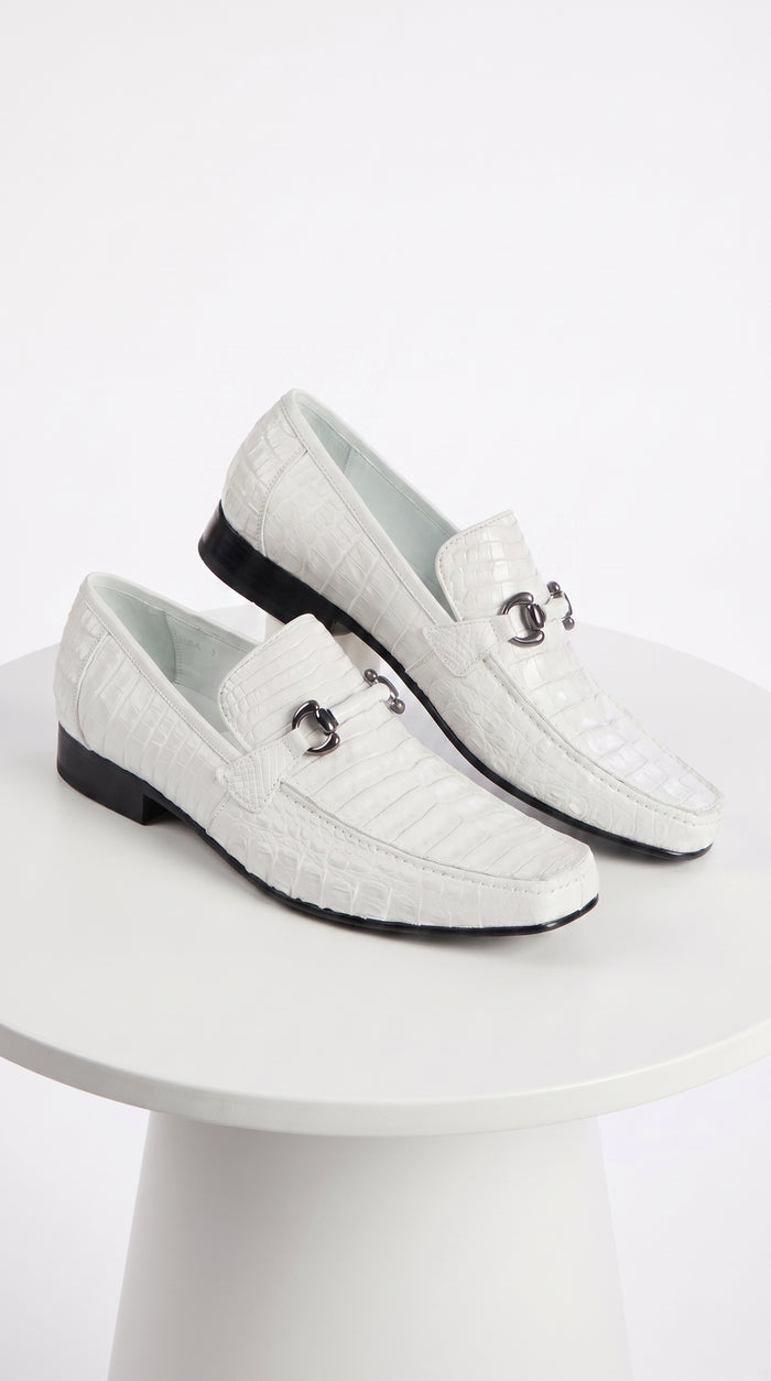 Men’s Los Altos White Caiman Belly Dress Shoes, Leather Sole Bit Loafers for Formal Wear
